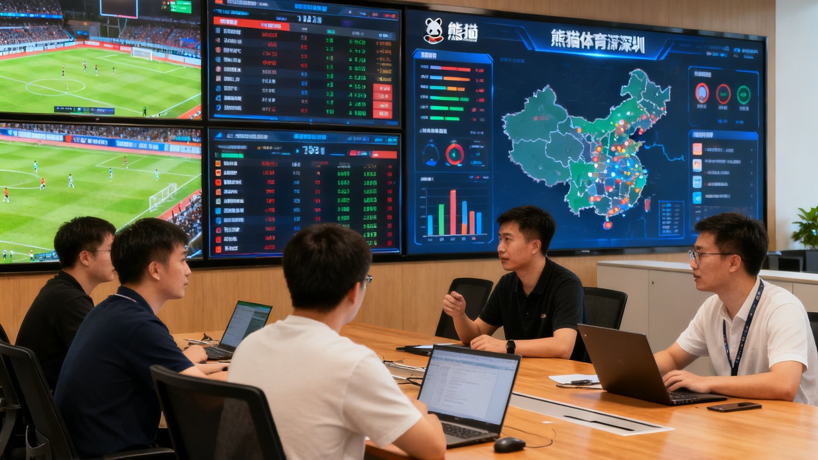 熊猫体育深圳总部办公室内，技术团队成员正围坐在长桌前讨论，背景墙上的多块大屏幕显示着实时的赛事数据和用户活跃地图