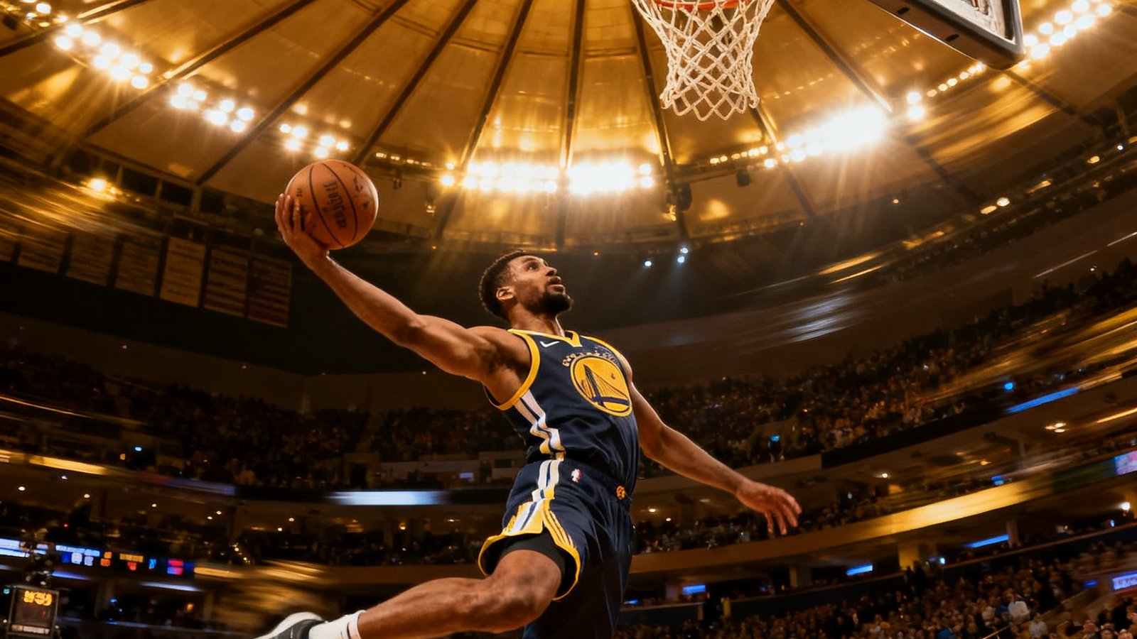 NBA直播画面中一名球员飞身扣篮的精彩瞬间，球馆灯光璀璨观众席座无虚席